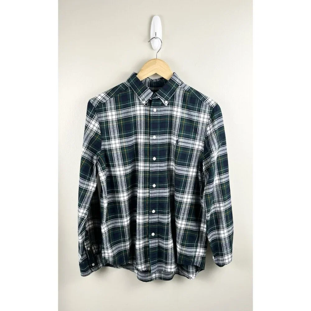 RALPH LAUREN Boys Flannel Button Up Tartan Plaid Green Black Sz 18-20/XL